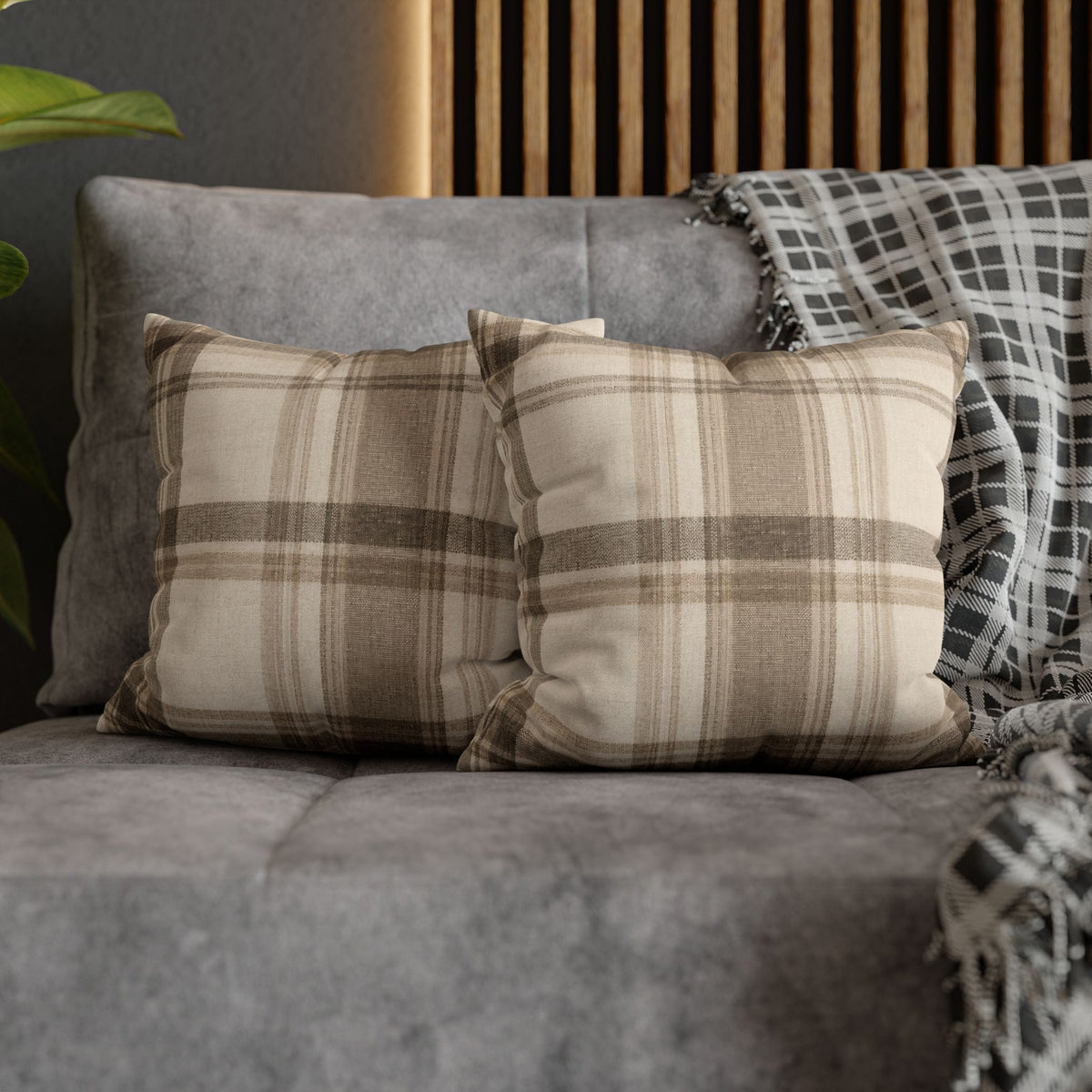 Neutral Plaid Cushion Cover Pillowcase | Square Pillowcase, Beige Brown Plaid