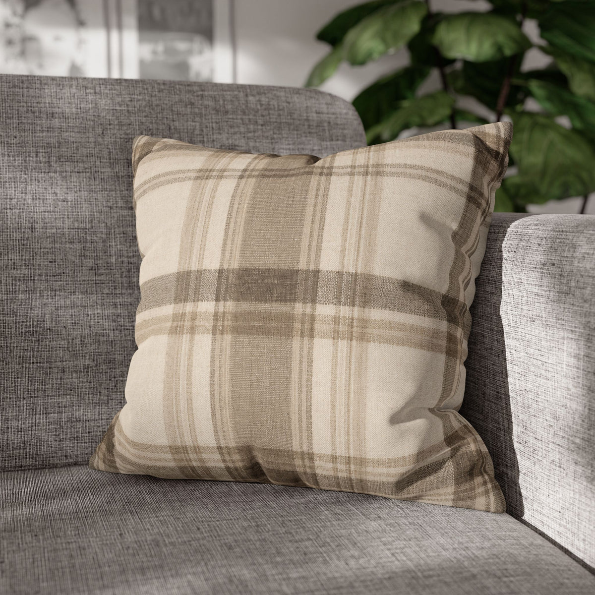Neutral Plaid Cushion Cover Pillowcase | Square Pillowcase, Beige Brown Plaid