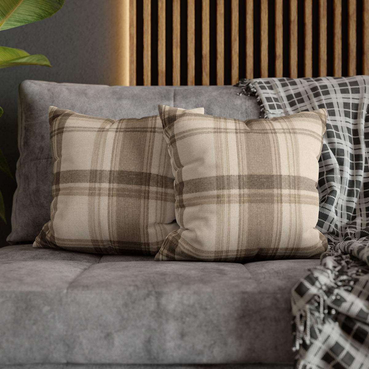 Neutral Plaid Cushion Cover Pillowcase | Square Pillowcase, Beige Brown Plaid