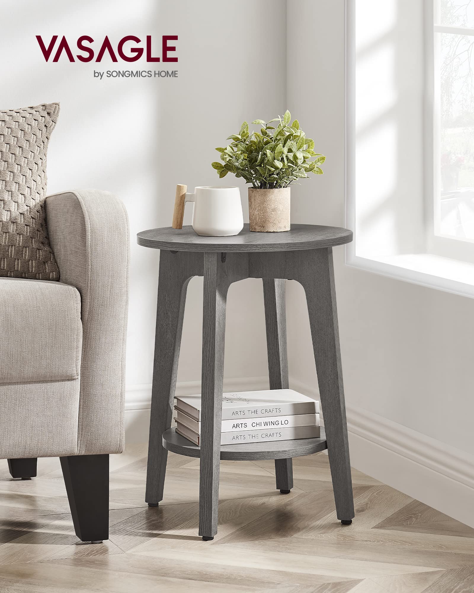 VASAGLE Round Side Table with Lower Shelf, End Table for Small Spaces, Nightstand for Living Room, Bedroom, Rustic Walnut, ULET283T41, 15.8 x15.8 x 19.7 Inches
