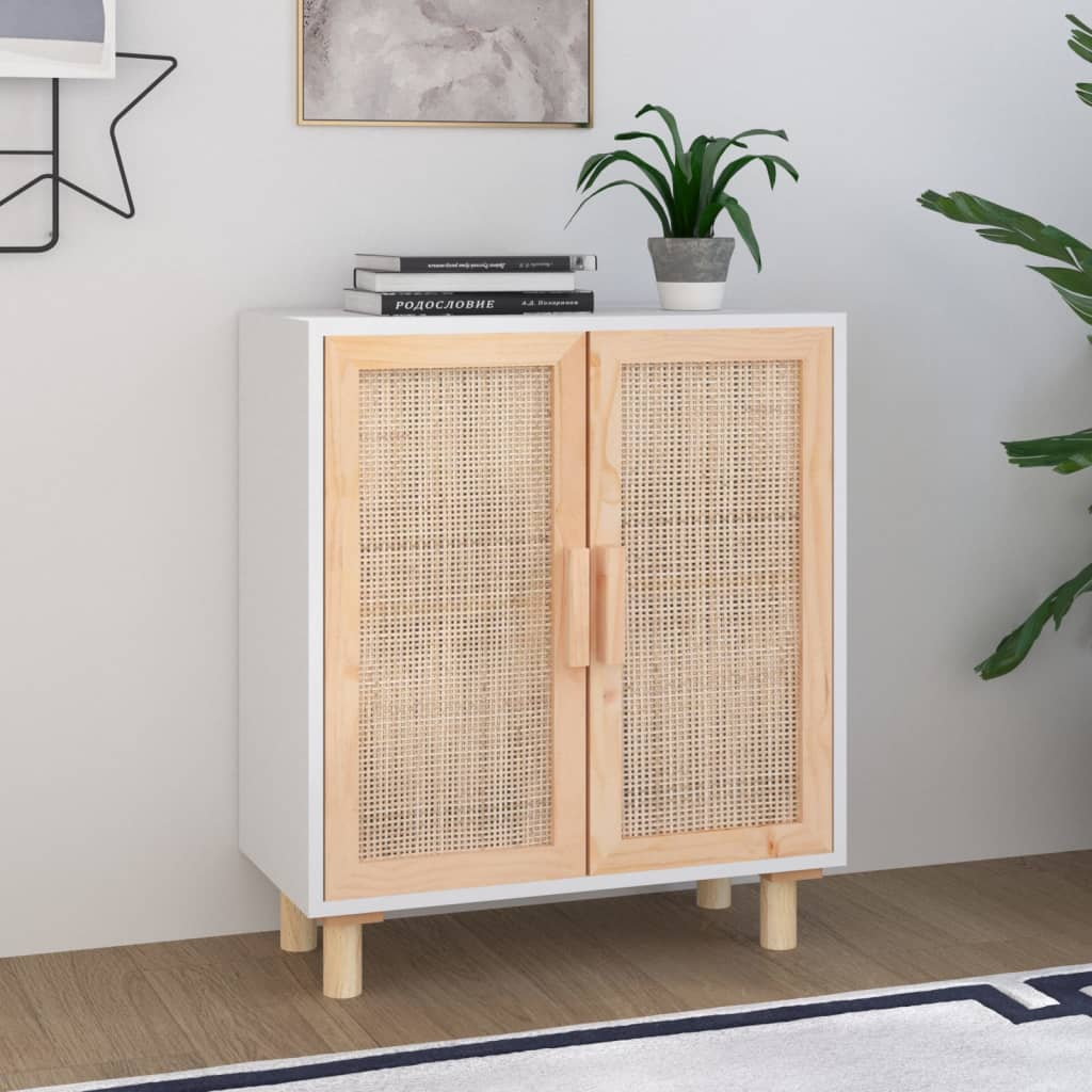 vidaXL Sideboard White 23.6"x11.8"x27.6" Solid Wood Pine and Natural Rattan