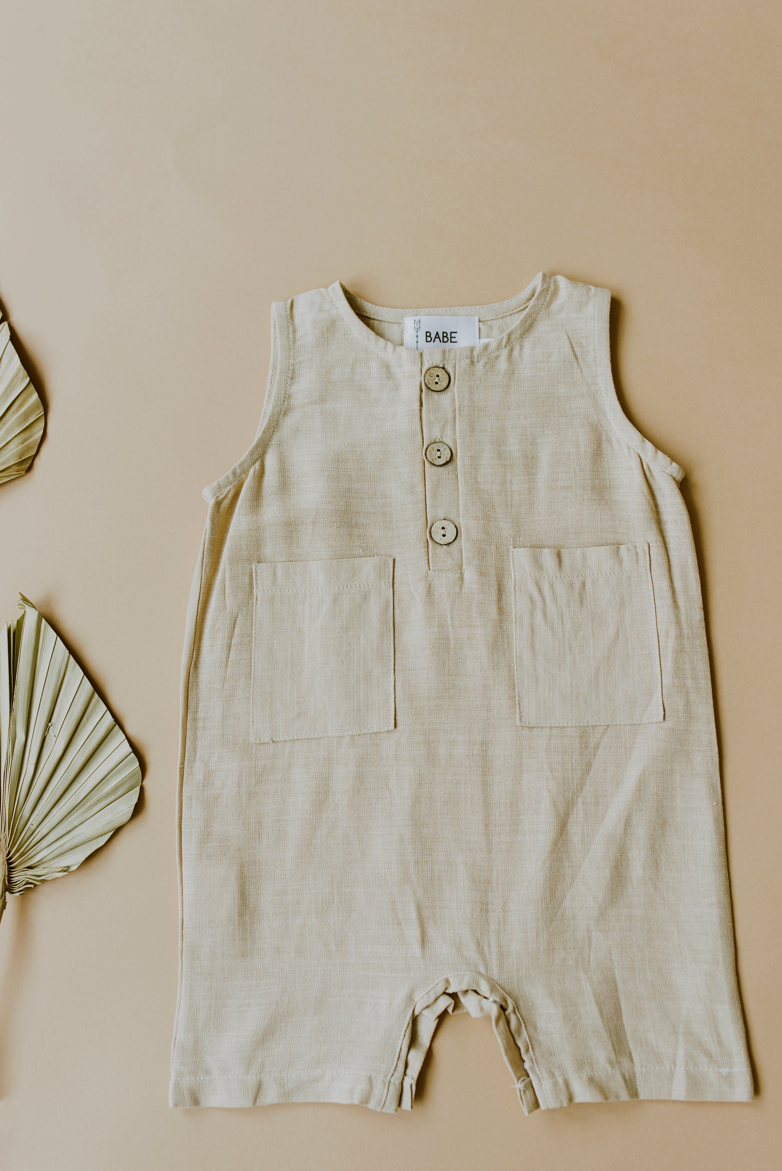 Oatmeal Cropped Linen Baby Romper