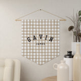 Custom Baby Pennant Banner in Black/Beige & White Gingham | Custom Name Nursery Pennant Banner