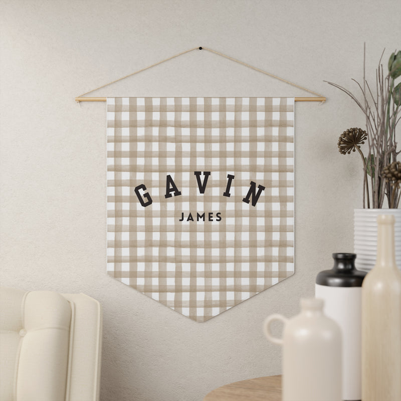 Custom Baby Pennant Banner in Black/Beige & White Gingham | Custom Name Nursery Pennant Banner