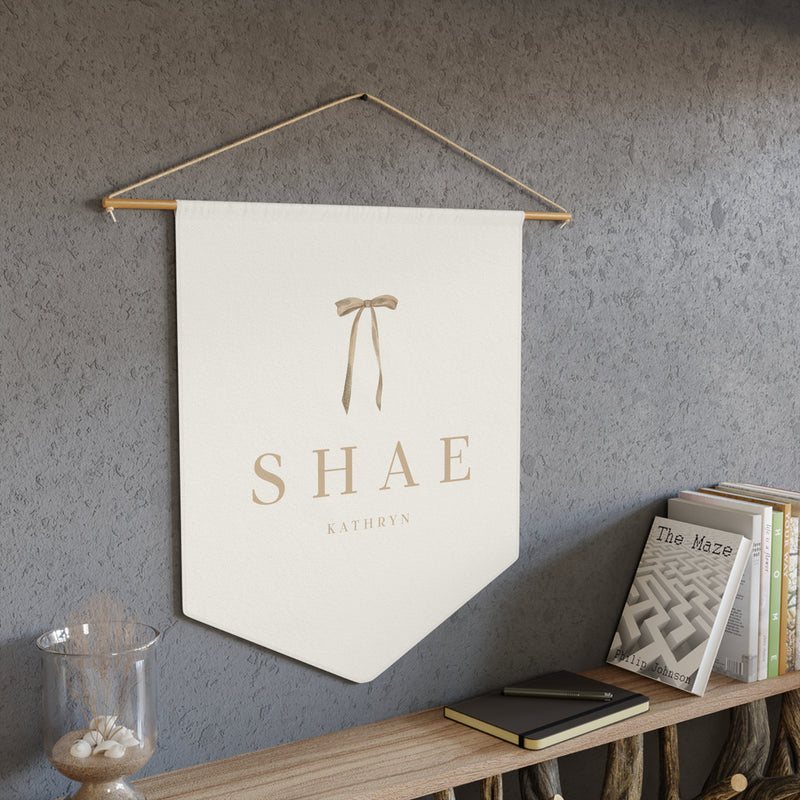 Custom Baby Girl Pennant Banner in Cream/Tan Baby Bow & Font | Vintage Custom Name Nursery Pennant Banner