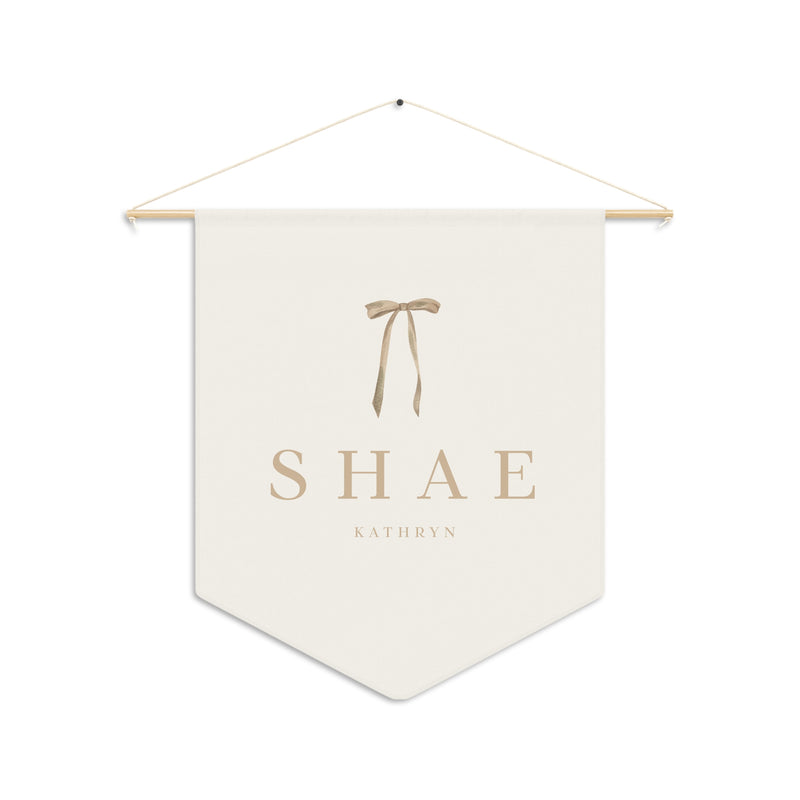 Custom Baby Girl Pennant Banner in Cream/Tan Baby Bow & Font | Vintage Custom Name Nursery Pennant Banner