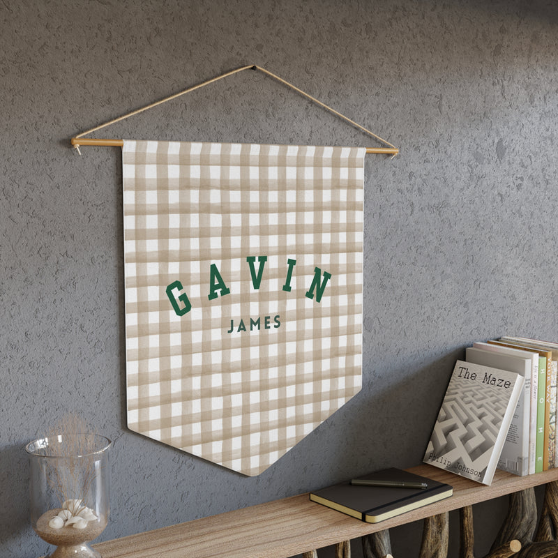 Custom Baby Pennant Banner in Green/Beige & White Gingham | Custom Name Nursery Pennant Banner