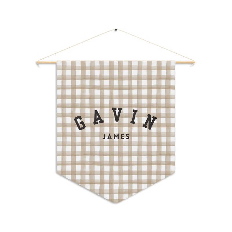 Custom Baby Pennant Banner in Black/Beige & White Gingham | Custom Name Nursery Pennant Banner