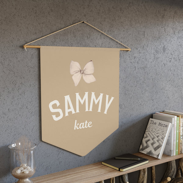 Custom Baby Girl Pennant Banner in Tan/Cream/Blush with Name and Bow  | Custom Name Nursery Pennant Banner
