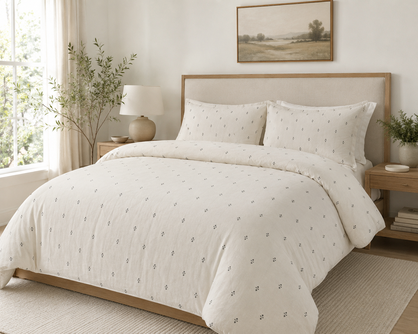Cotton Duvet Cover Set — Neutral Tiny Floral Pattern, Breathable Cotton Bedding