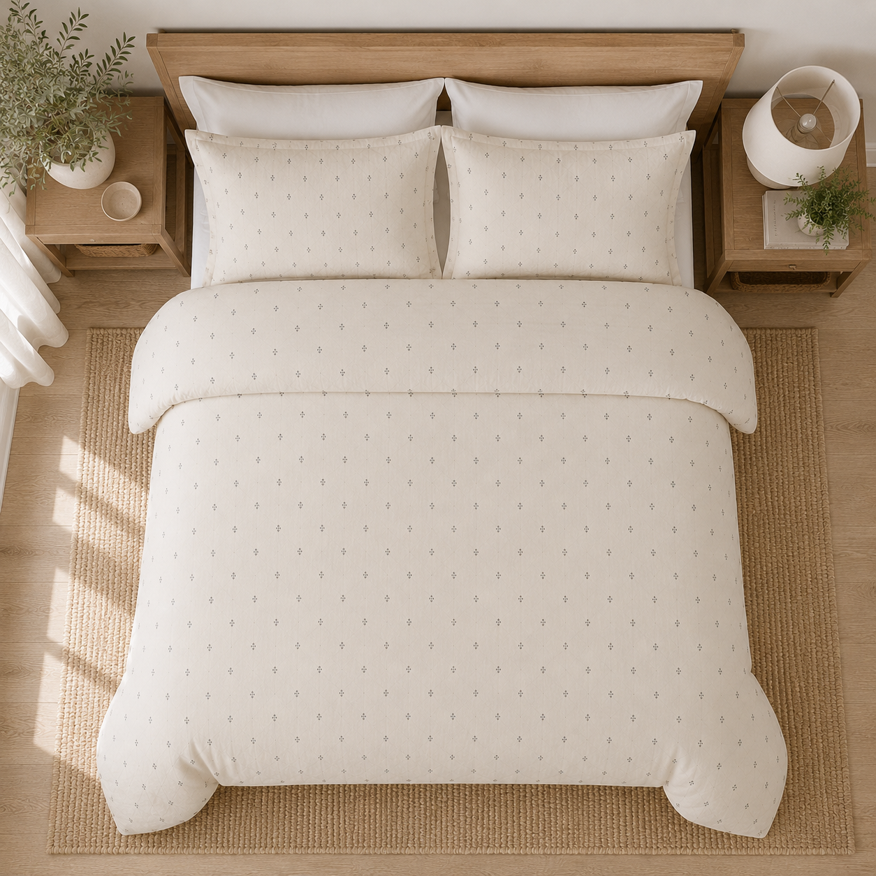 Cotton Duvet Cover Set — Neutral Tiny Floral Pattern, Breathable Cotton Bedding