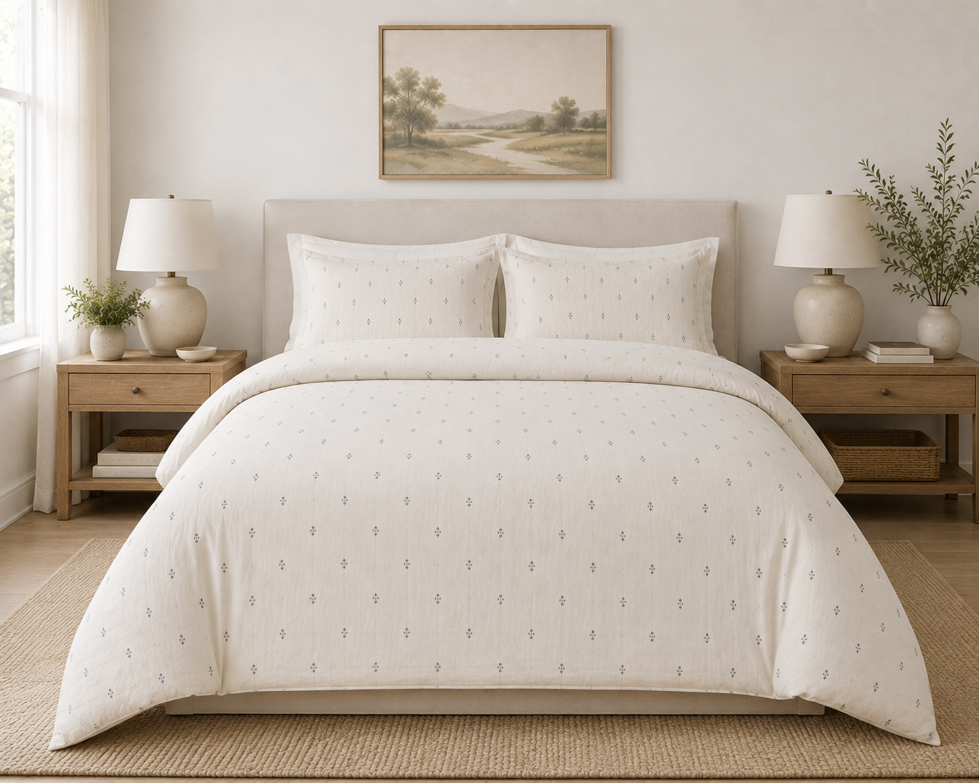 Cotton Duvet Cover Set — Neutral Tiny Floral Pattern, Breathable Cotton Bedding