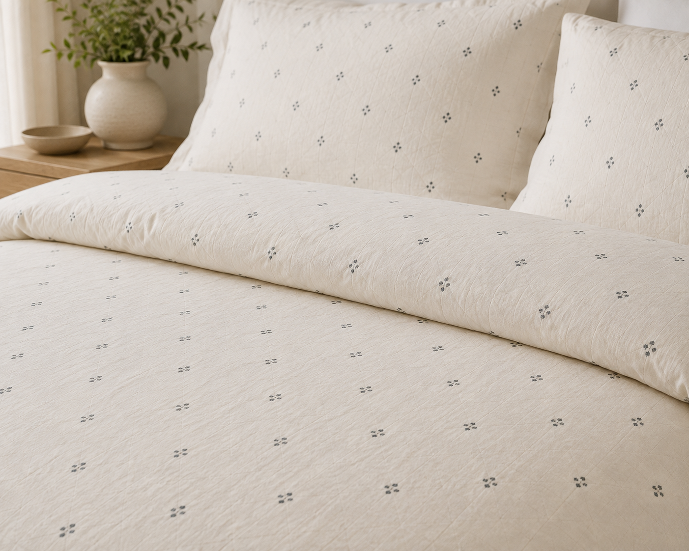 Cotton Duvet Cover Set — Neutral Tiny Floral Pattern, Breathable Cotton Bedding
