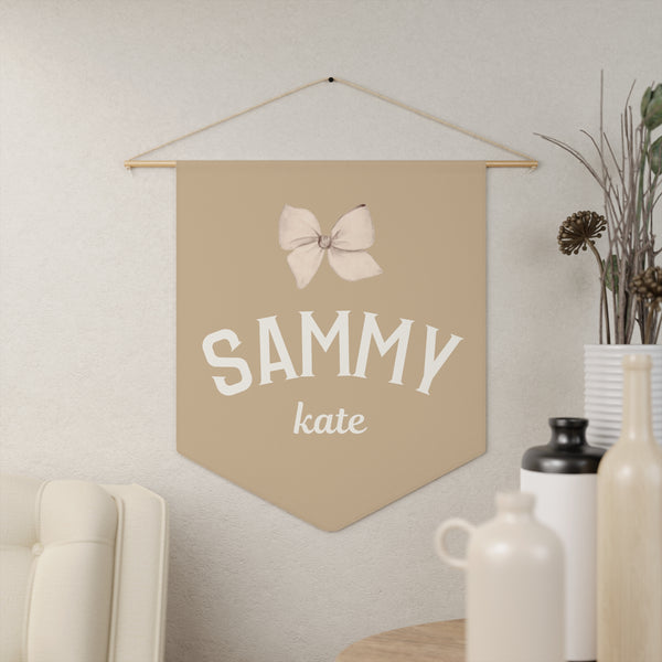 Custom Baby Girl Pennant Banner in Tan/Cream/Blush with Name and Bow  | Custom Name Nursery Pennant Banner