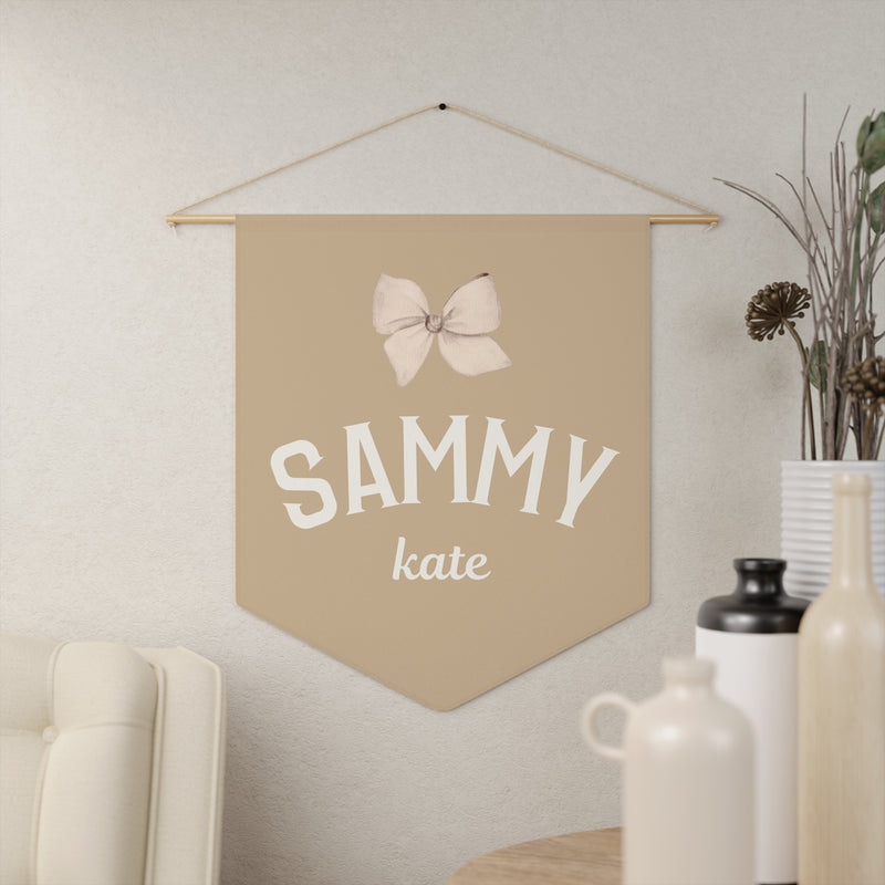 Custom Baby Girl Pennant Banner in Tan/Cream/Blush with Name and Bow  | Custom Name Nursery Pennant Banner