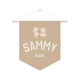 Custom Baby Girl Pennant Banner in Tan/Cream/Blush with Name and Bow  | Custom Name Nursery Pennant Banner