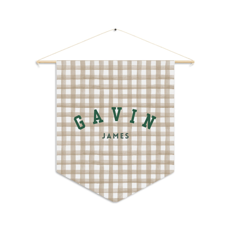 Custom Baby Pennant Banner in Green/Beige & White Gingham | Custom Name Nursery Pennant Banner