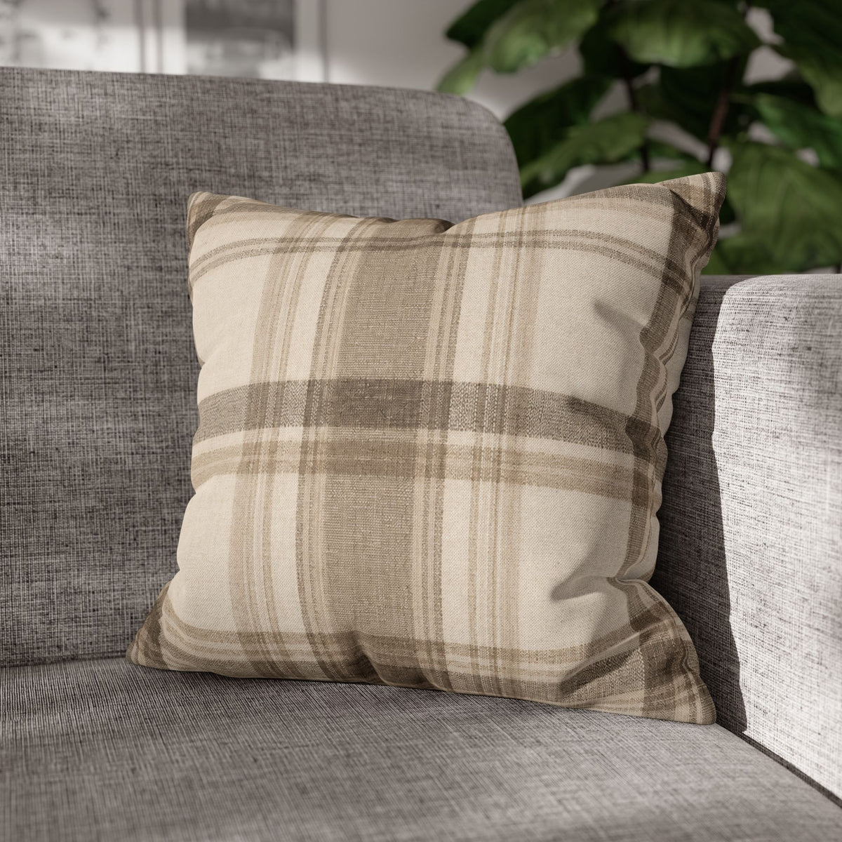 Neutral Plaid Cushion Cover Pillowcase | Square Pillowcase, Beige Brown Plaid