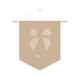 Custom Baby Girl Pennant Banner in Tan/Cream/Blush baby girl + Bow  | Custom Name Nursery Pennant Banner