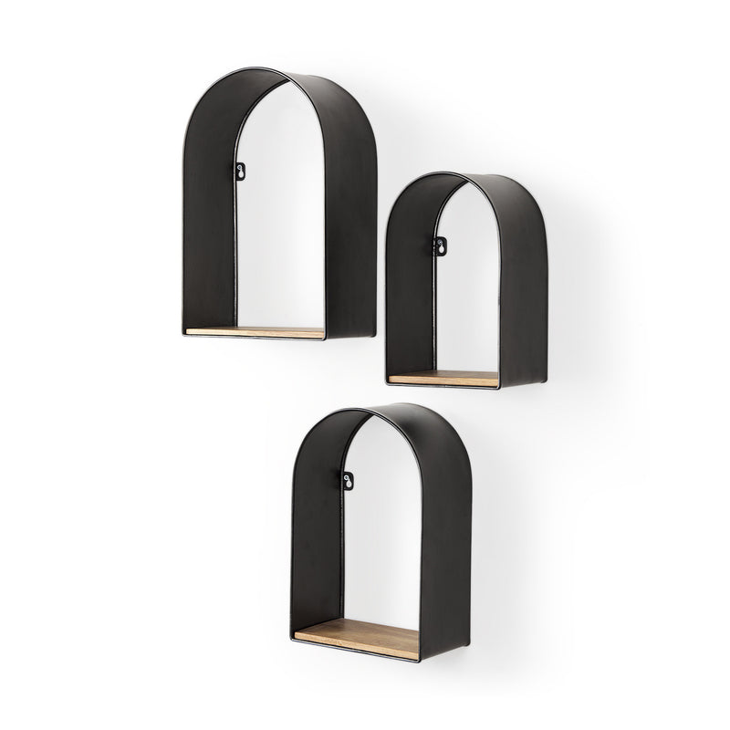 Set Of Three Black And Brown Metal And Solid Wood Arched Wall Mounted Accent Shelf-1