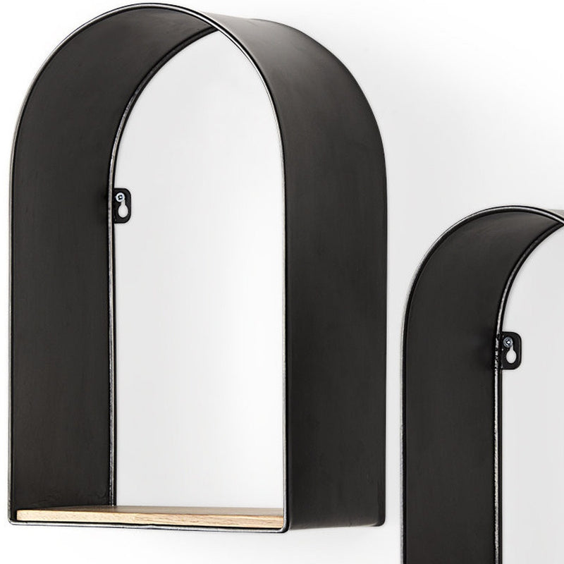 Set Of Three Black And Brown Metal And Solid Wood Arched Wall Mounted Accent Shelf-2