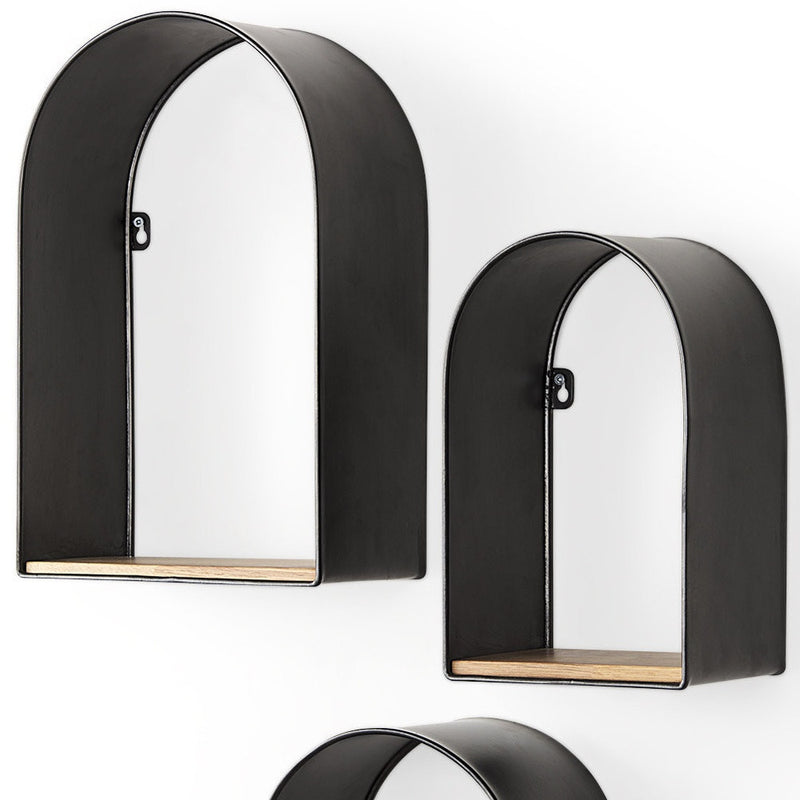 Set Of Three Black And Brown Metal And Solid Wood Arched Wall Mounted Accent Shelf-3