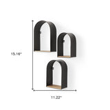 Set Of Three Black And Brown Metal And Solid Wood Arched Wall Mounted Accent Shelf-4