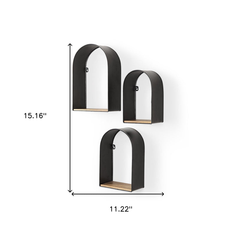 Set Of Three Black And Brown Metal And Solid Wood Arched Wall Mounted Accent Shelf-4