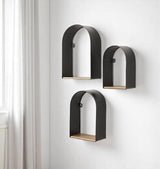 Set Of Three Black And Brown Metal And Solid Wood Arched Wall Mounted Accent Shelf-0