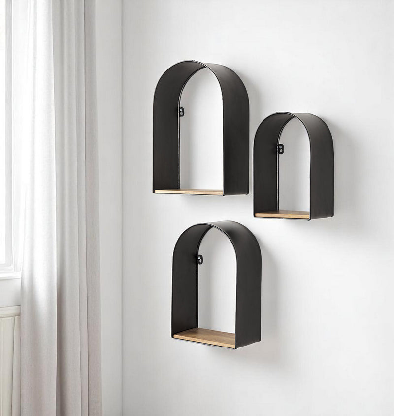 Set Of Three Black And Brown Metal And Solid Wood Arched Wall Mounted Accent Shelf-0