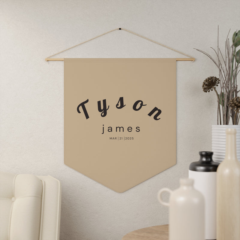 Custom Baby Pennant Banner in Tan/Black Font Curvey | Custom Name Nursery Pennant Banner