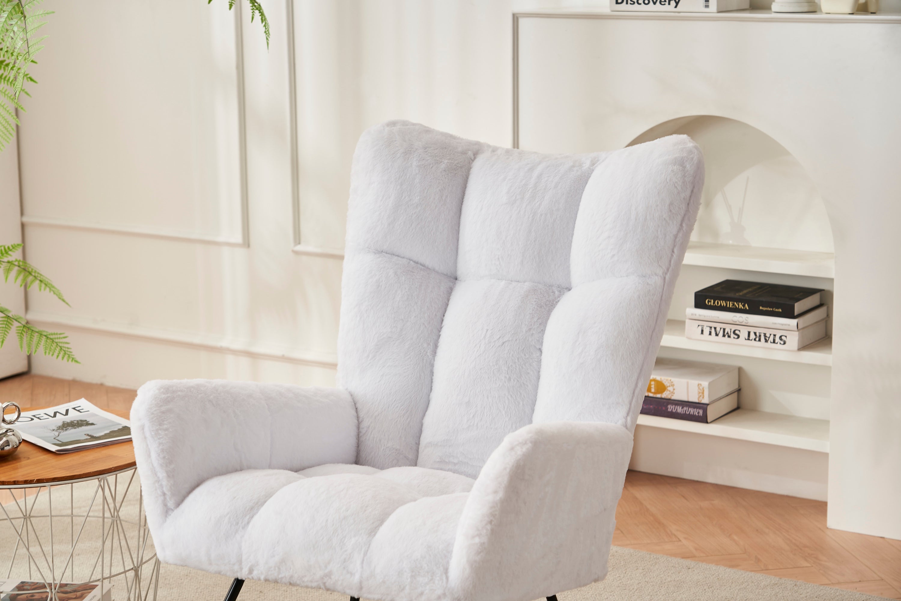 Rocking Chair Nursery, Solid Wood Legs Reading Chair with Faux Fur Upholstered , Nap Armchair for Living Rooms, Bedrooms, Offices, Best Gift,White Faux Fur