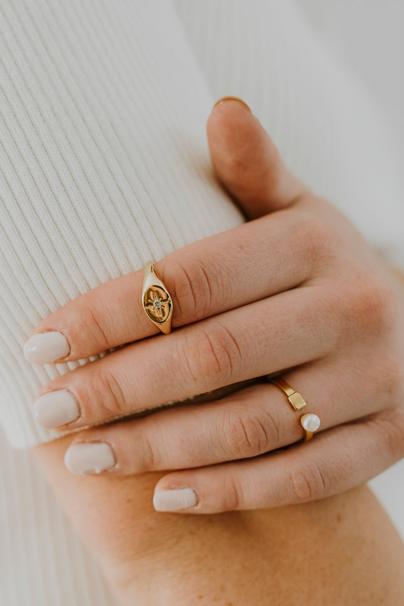 14K Gold Filled White Pearl Rectangular Open Claw Ring in Gold & Silver