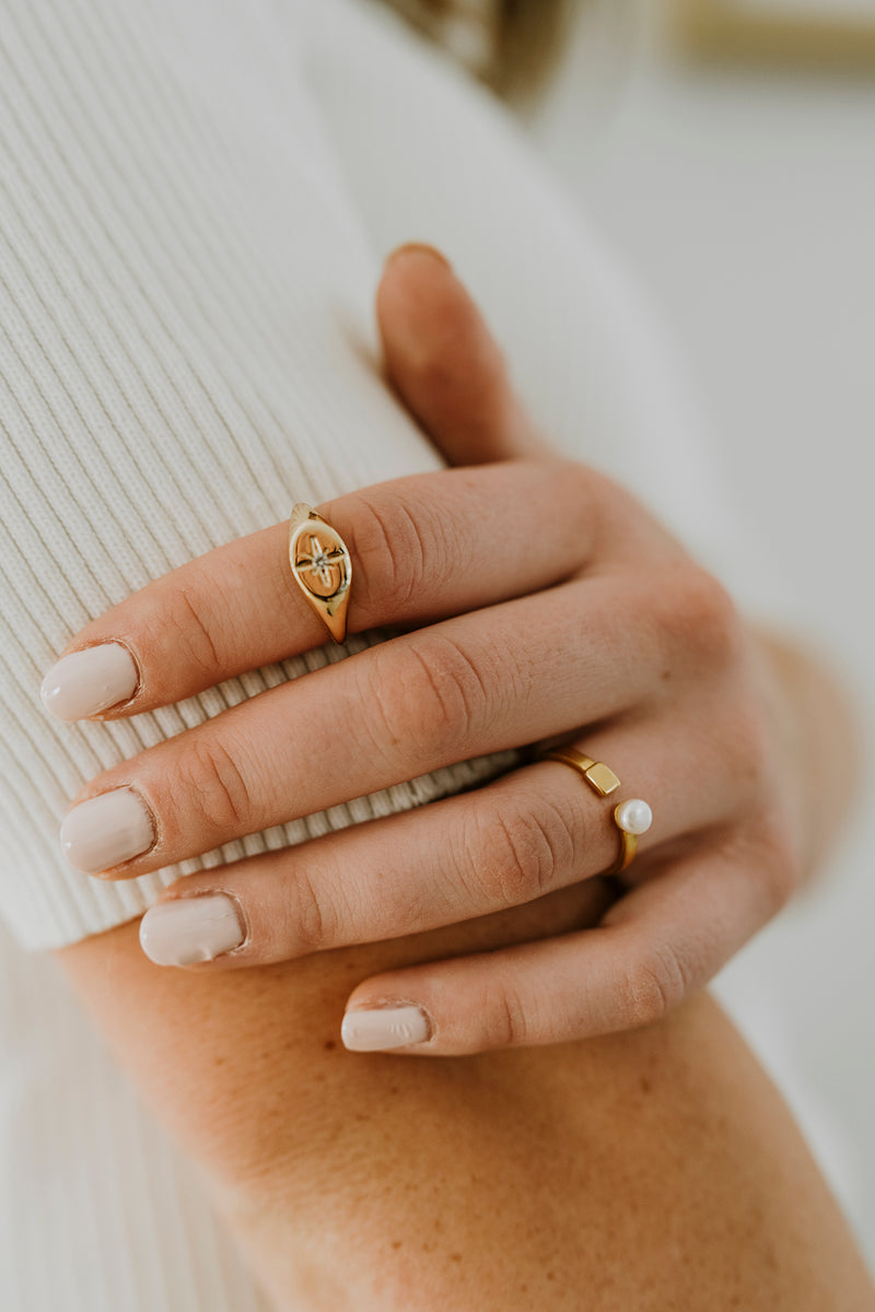 14K Gold Filled White Pearl Rectangular Open Claw Ring in Gold & Silver