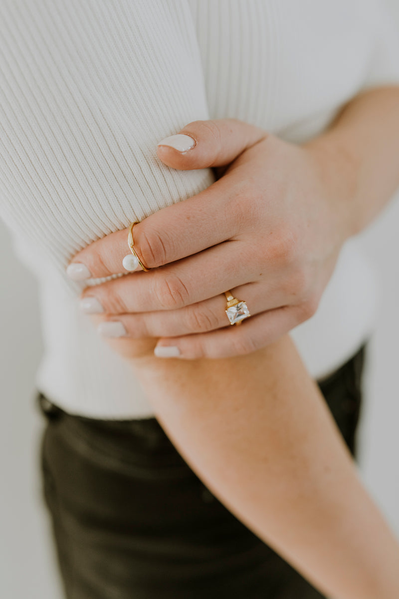 14K Gold Filled White Pearl Wrap Open Band Minimalist Ring in Silver & Gold