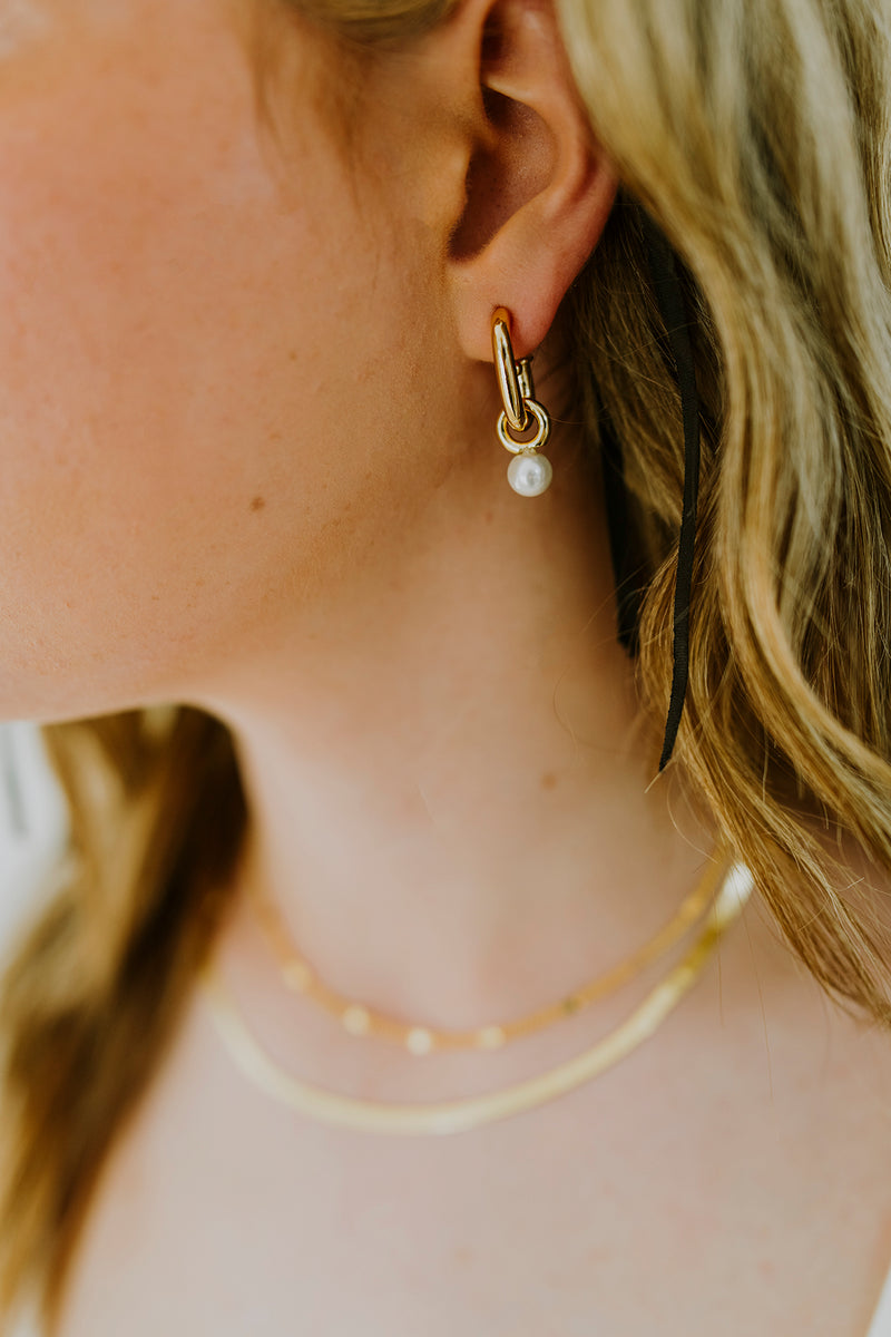 Gold Filled Boxy J-Shaped Round Pearl Hoop Earrings