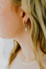 Gold Filled Boxy J-Shaped Round Pearl Hoop Earrings