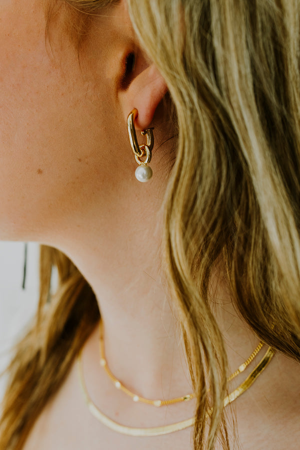 Gold Filled Boxy J-Shaped Round Pearl Hoop Earrings