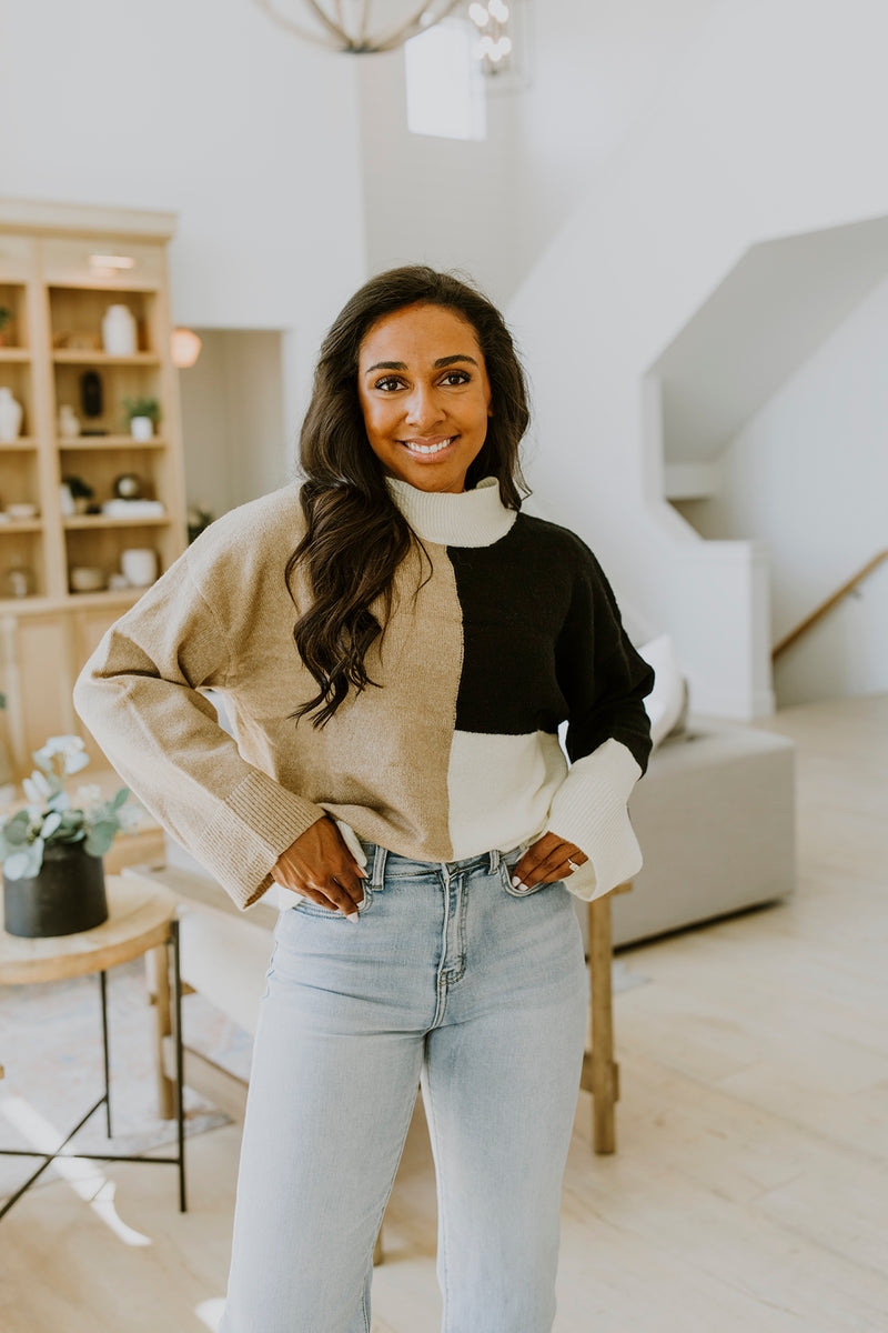 MOCK NECK COLORBLOCK SWEATER