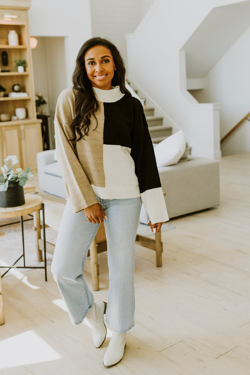 MOCK NECK COLORBLOCK SWEATER