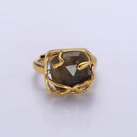 16K Gold Filled Rose Quartz, Labradorite Gemstone Molten Drip Ring