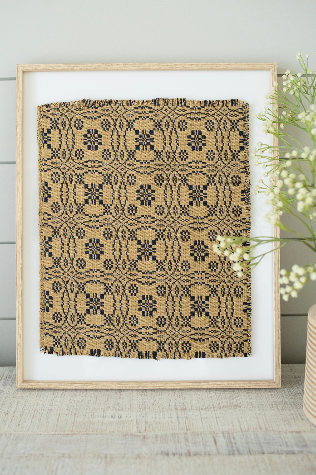 "Framed vintage-inspired textile artwork in yellow and blue upholstery fabric"

"Mid-century modern textile wall art – blue and yellow fabric"

"Boho eclectic framed wall decor made from vintage upholstery textile"