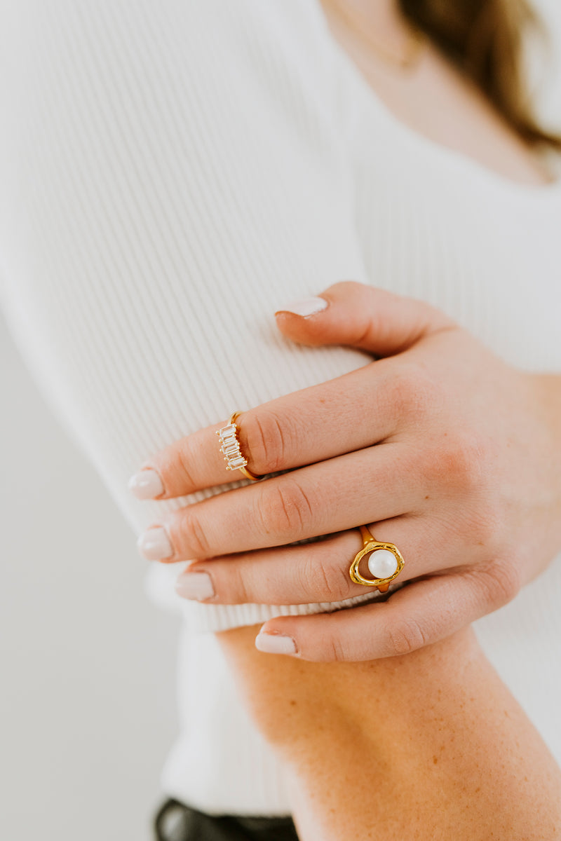 14K Gold Filled White Pearl Open Oblong Ring in Gold & Silver