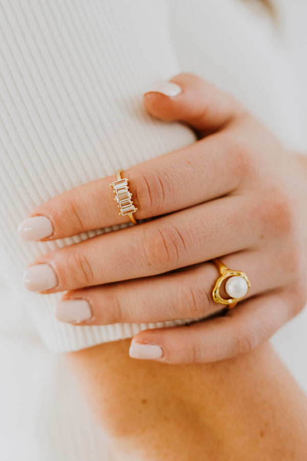 14K Gold Filled White Pearl Open Oblong Ring in Gold & Silver