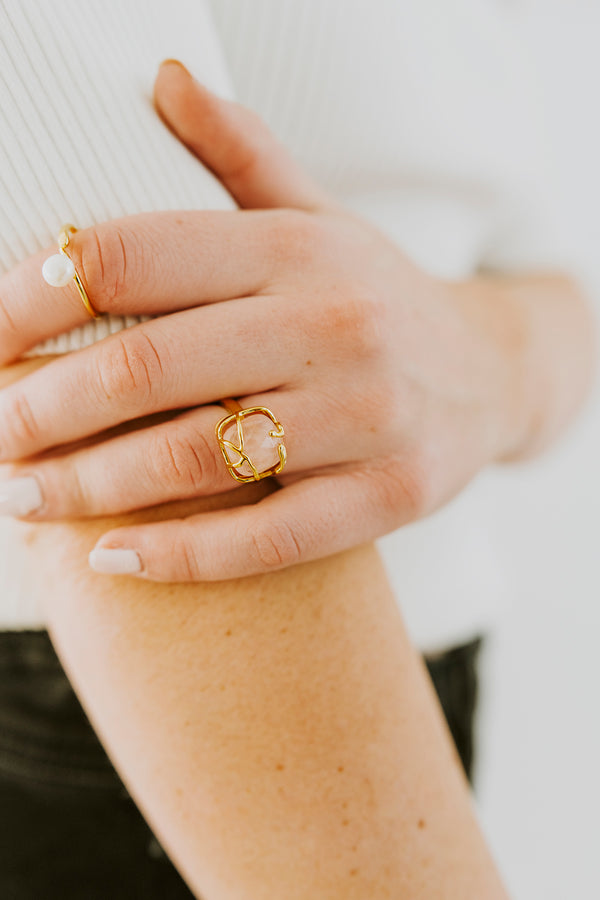16K Gold Filled Rose Quartz, Labradorite Gemstone Molten Drip Ring