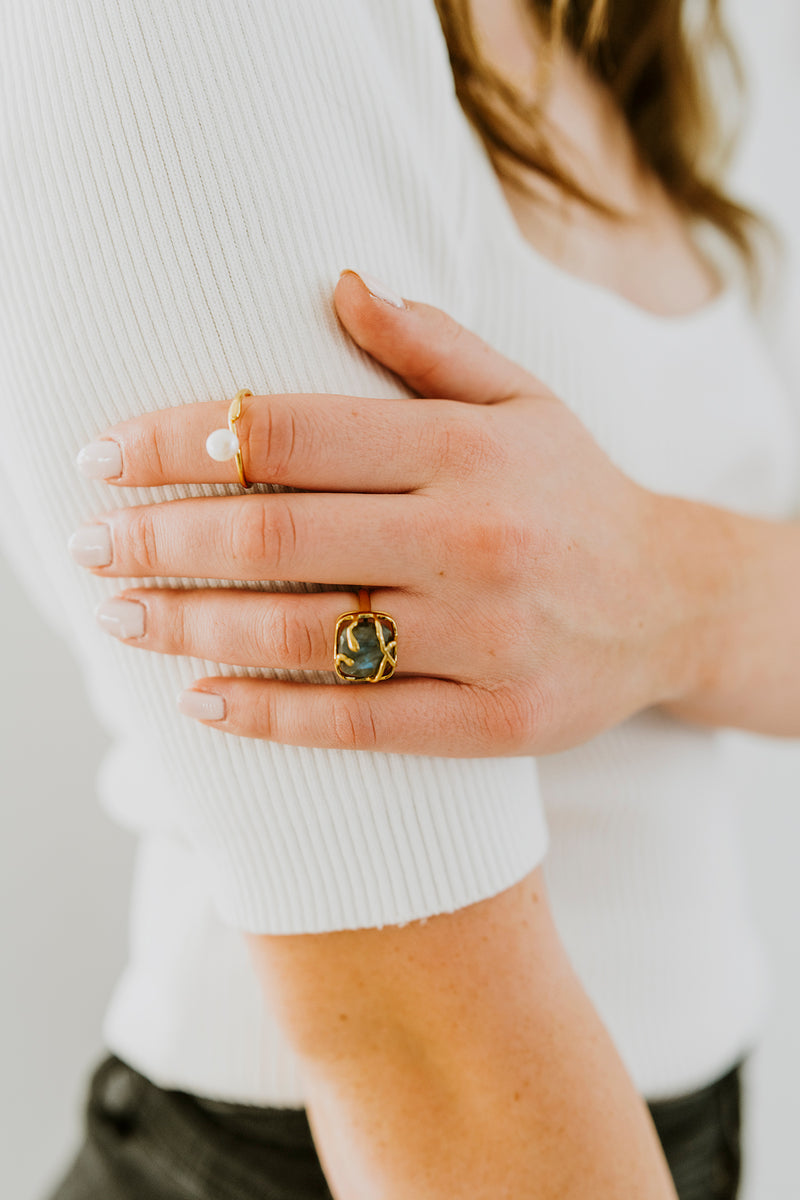 16K Gold Filled Rose Quartz, Labradorite Gemstone Molten Drip Ring