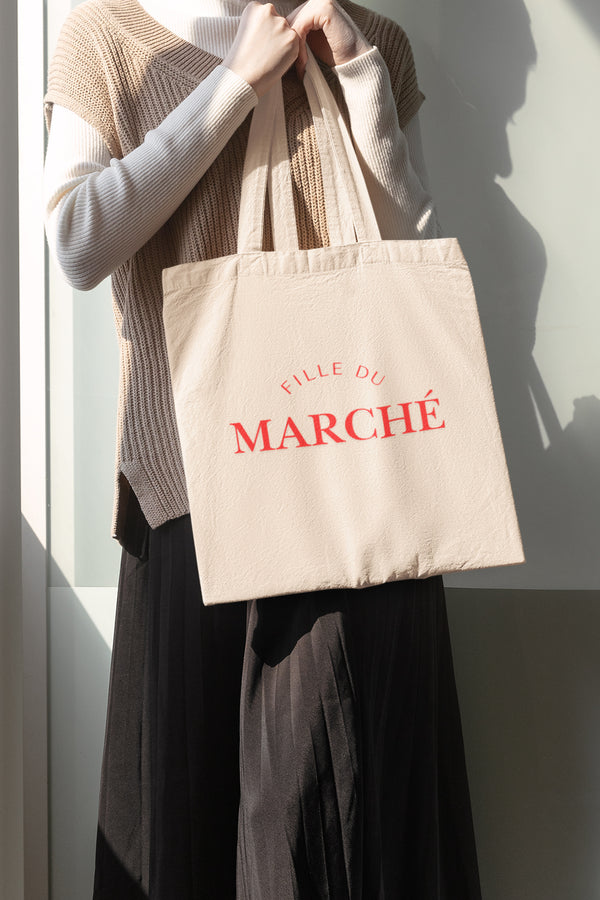 Cotton Canvas Tote Bag inred Fille du marché in red text, Eco-Friendly Shopping Bag, Gift for Travelers, Reusable Grocery Bag