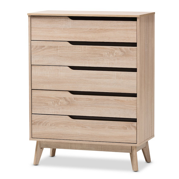 Fella Mid-Century Modern Two-Tone Oak and Grey Wood 5-Drawer Chest