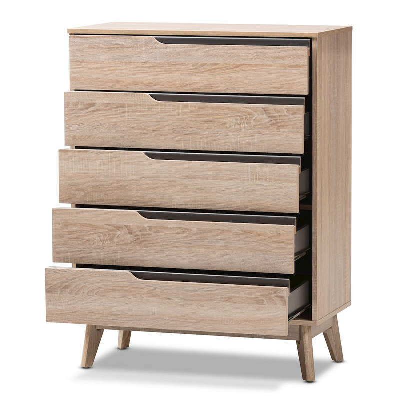 Fella Mid-Century Modern Two-Tone Oak and Grey Wood 5-Drawer Chest