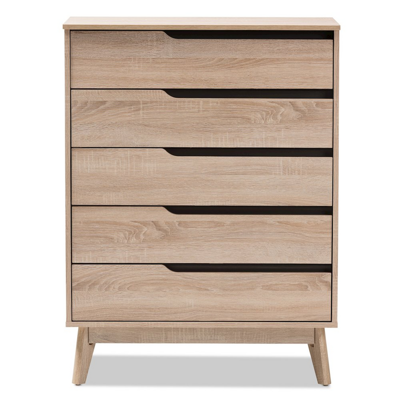 Fella Mid-Century Modern Two-Tone Oak and Grey Wood 5-Drawer Chest